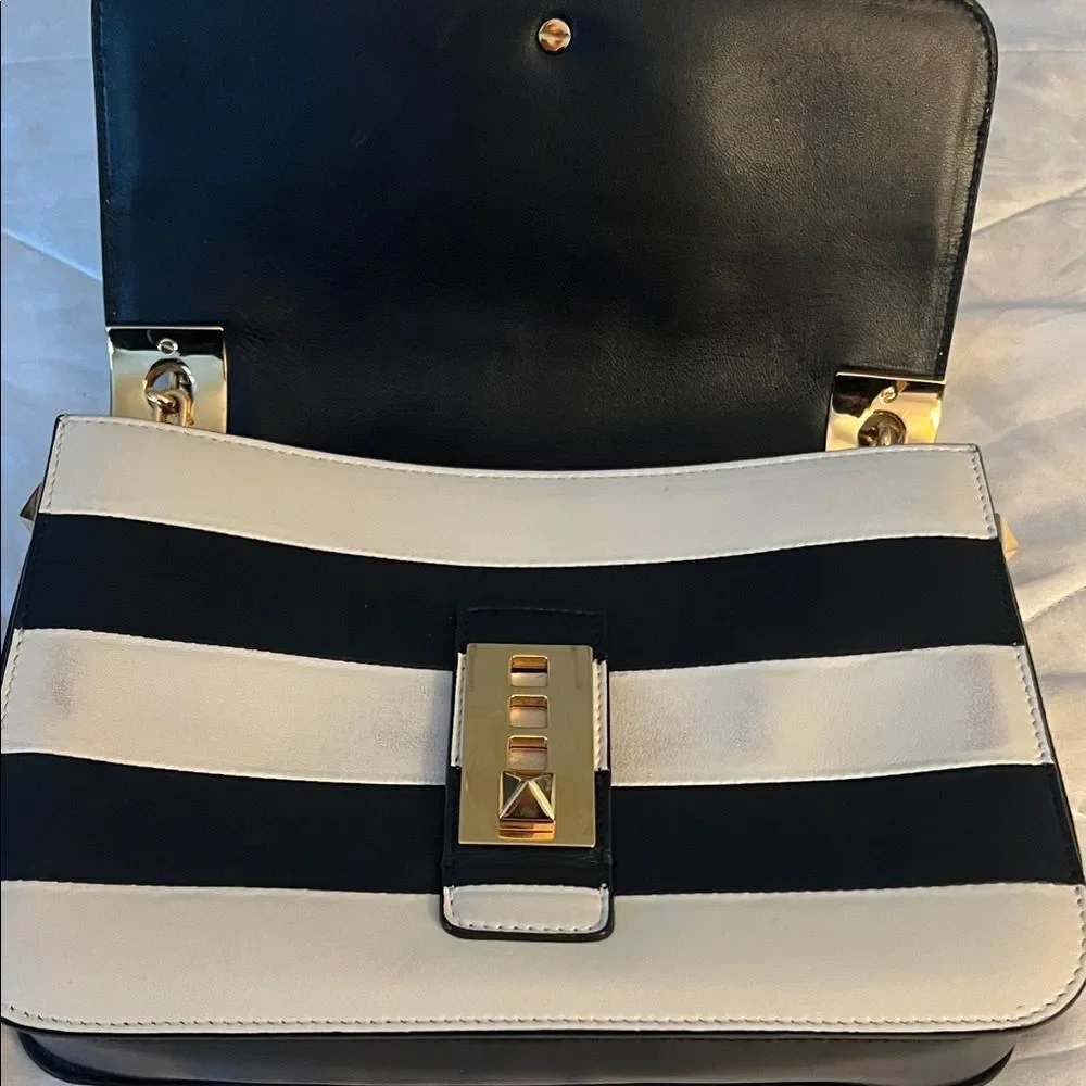 Valentino Garavani Napa Striped B-Rockstud Shoulder Bag with Gold Chain Strap